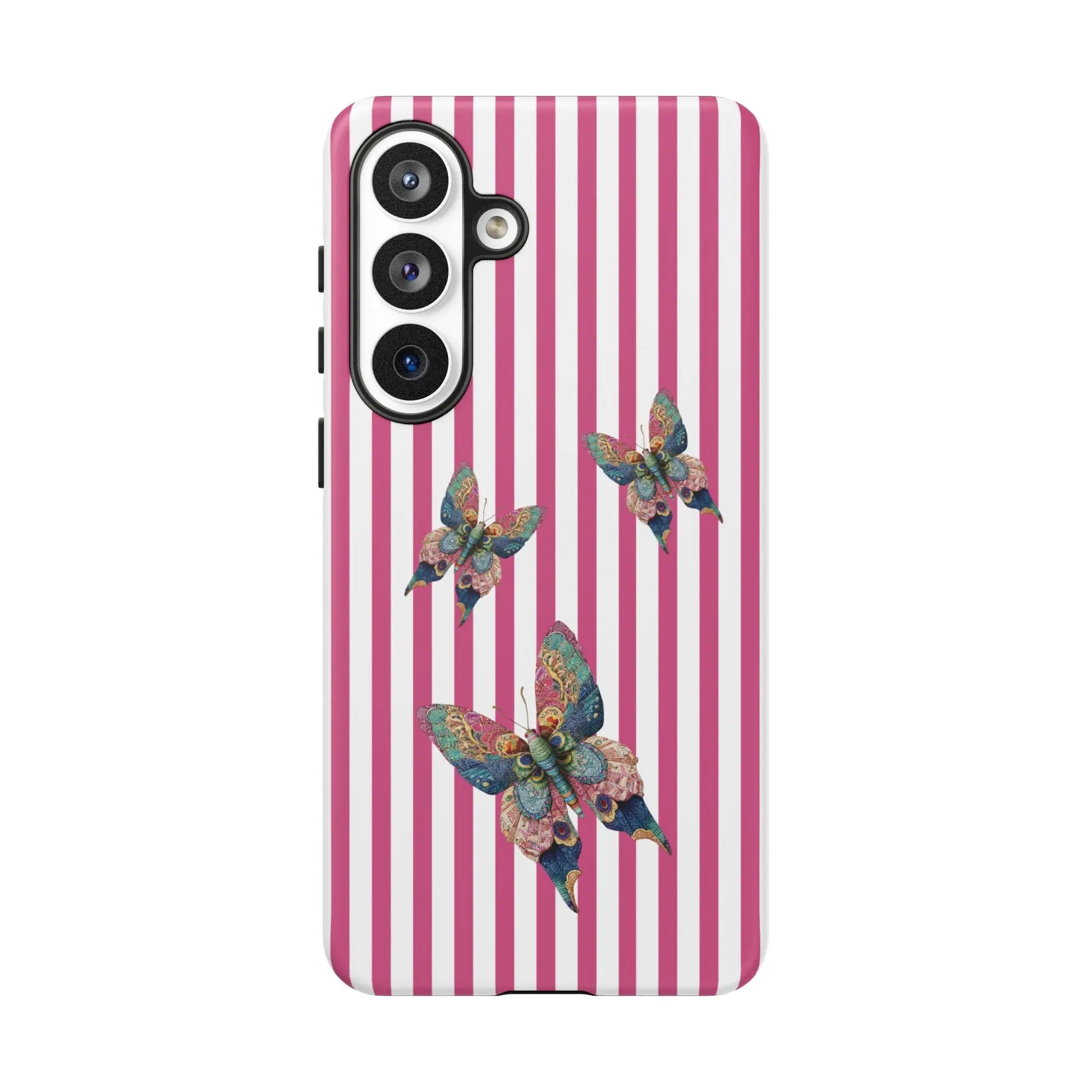Floral butterfly pink stripe phone case with pink and white stripes and three detailed blue green and gold butterflies on back