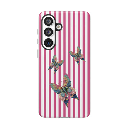 Floral butterfly pink stripe phone case with pink and white stripes and three detailed blue green and gold butterflies on back