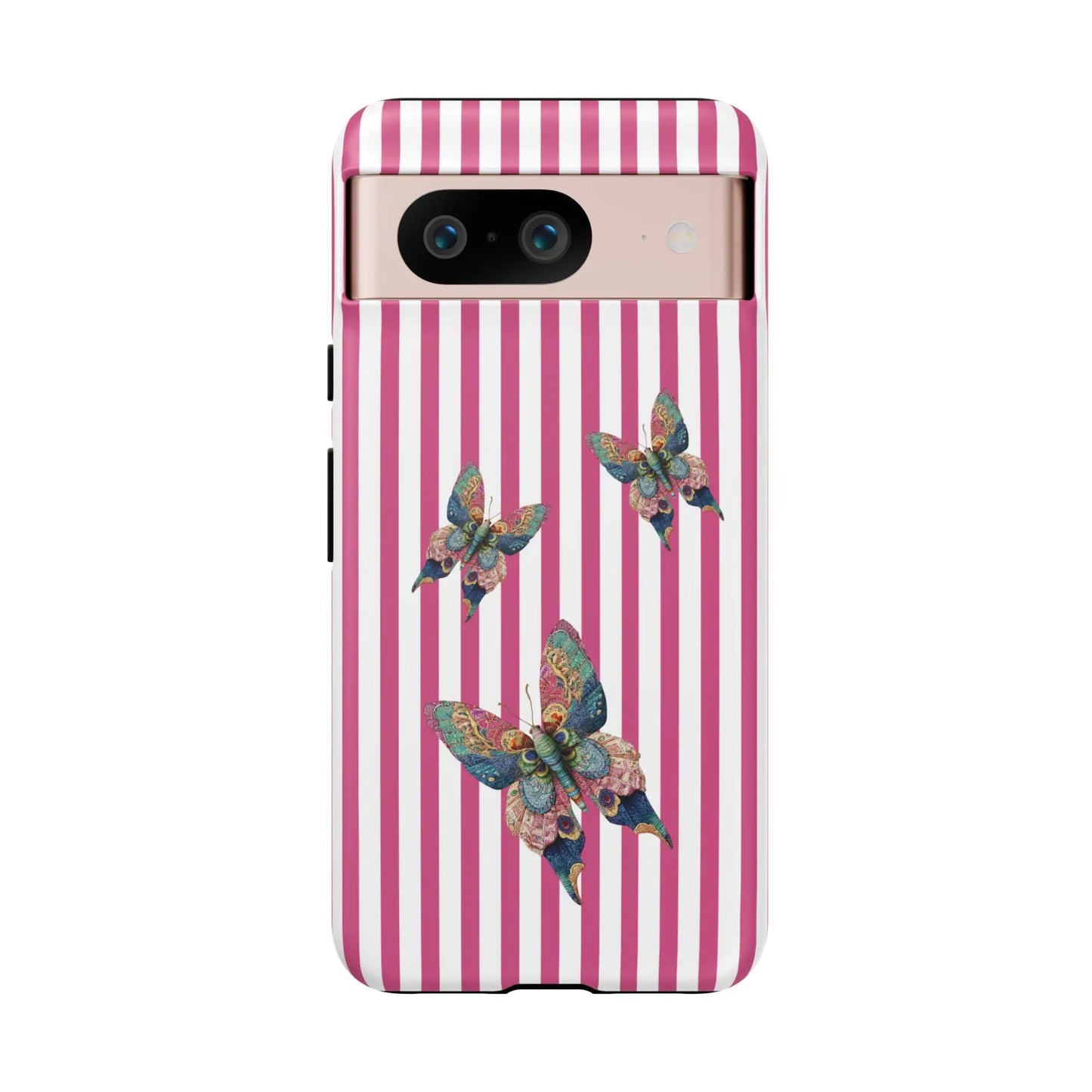 Back of a floral butterfly pink stripe phone case with pink and white stripes and colorful iridescent butterfly designs
