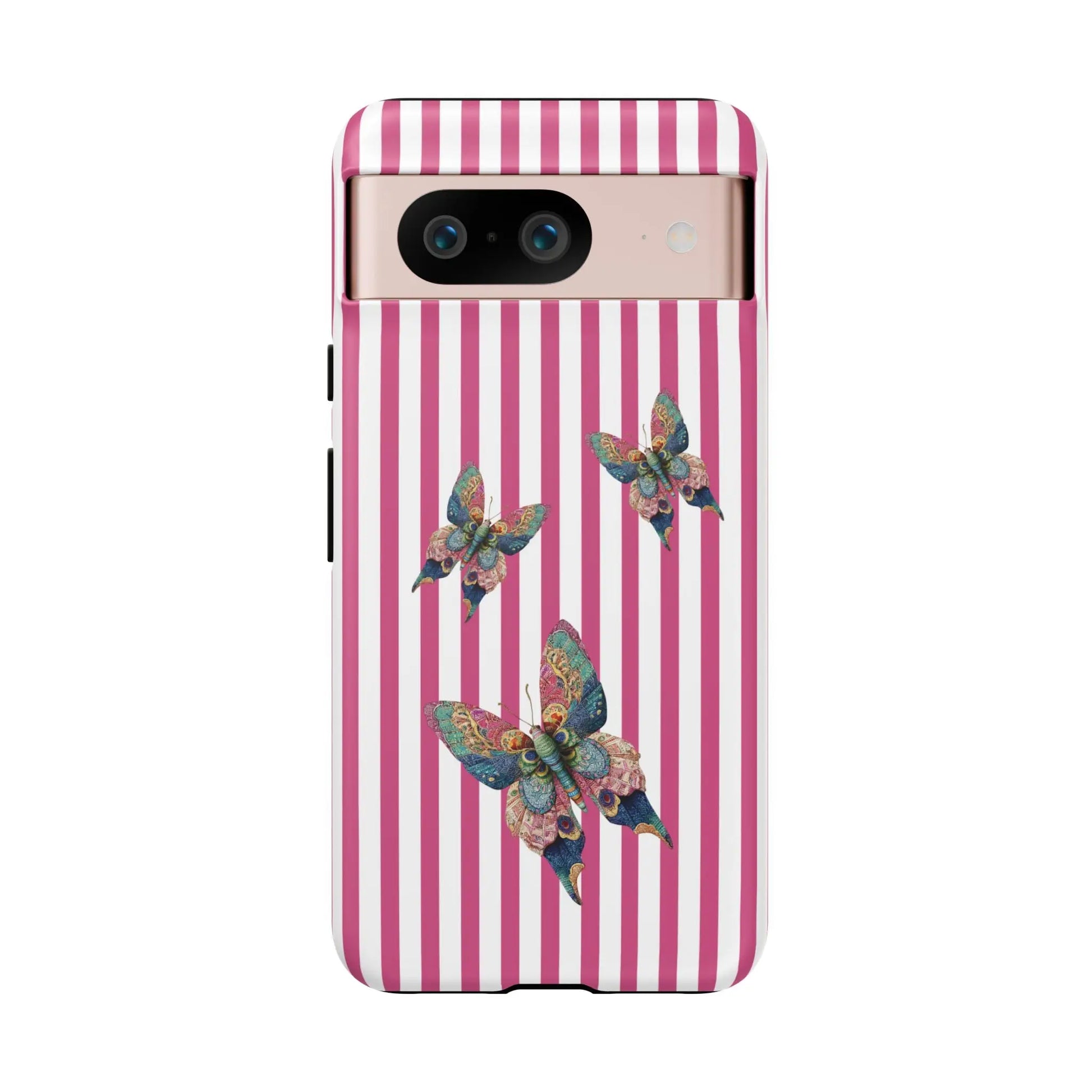 Back of a floral butterfly pink stripe phone case with pink and white stripes and colorful iridescent butterfly designs