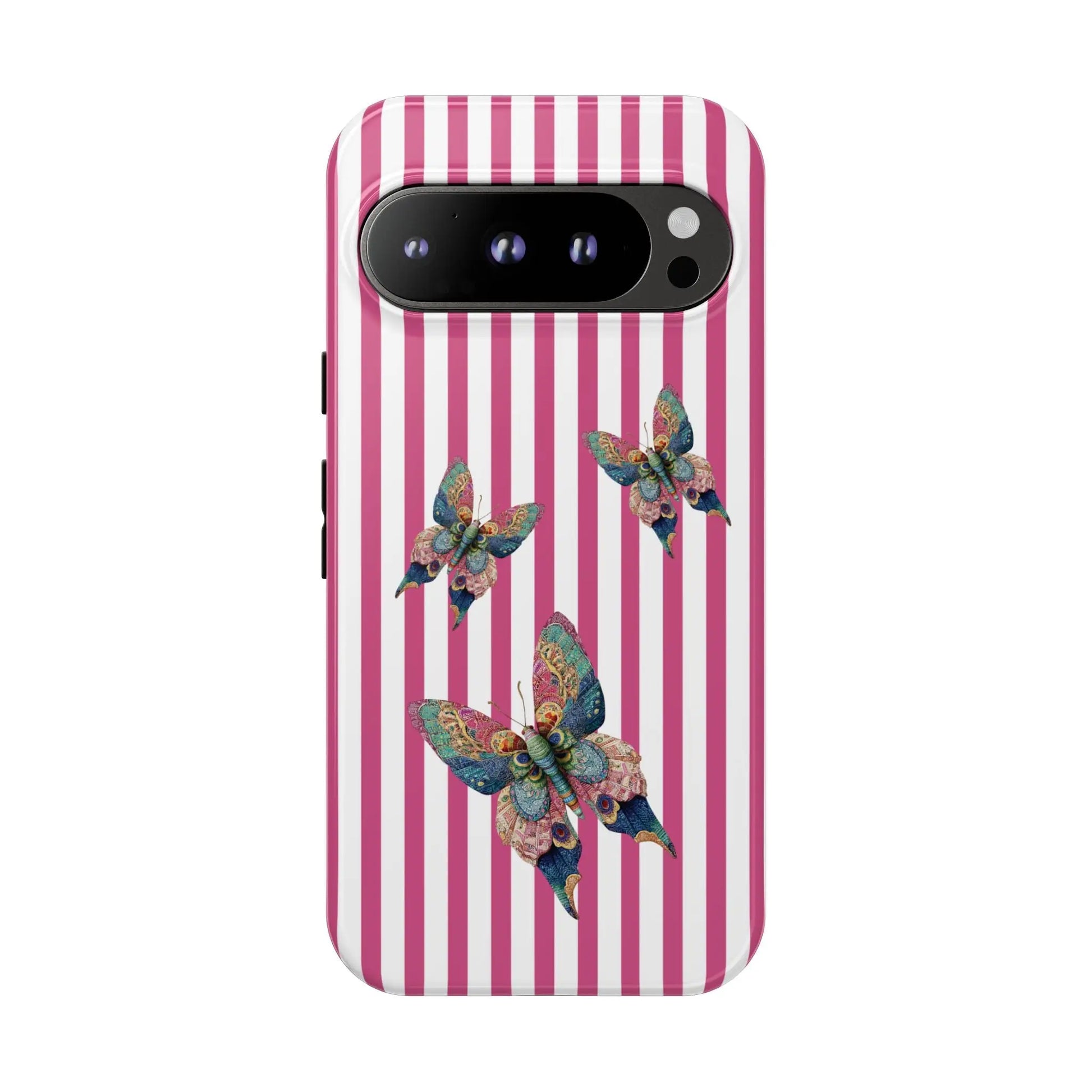 Back side of a floral butterfly pink stripe phone case with vertical pink and white stripes and colorful butterflies