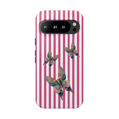 Back side of a floral butterfly pink stripe phone case with vertical pink and white stripes and colorful butterflies