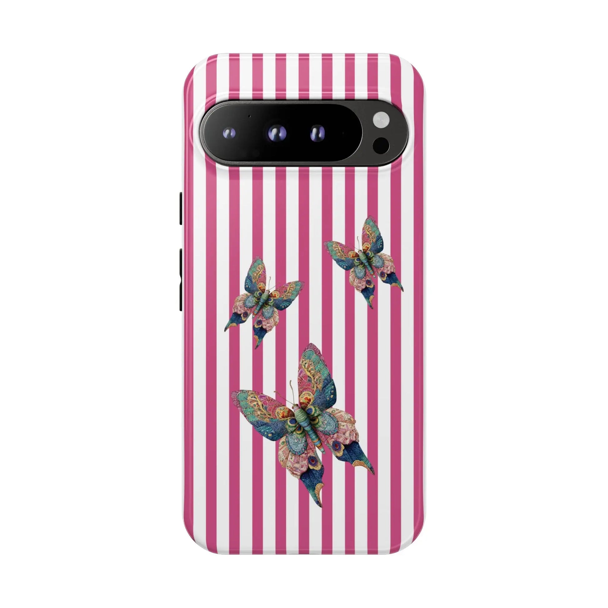 Vibrant floral butterfly pink stripe phone case with multicolored butterflies on back for cute floral protection