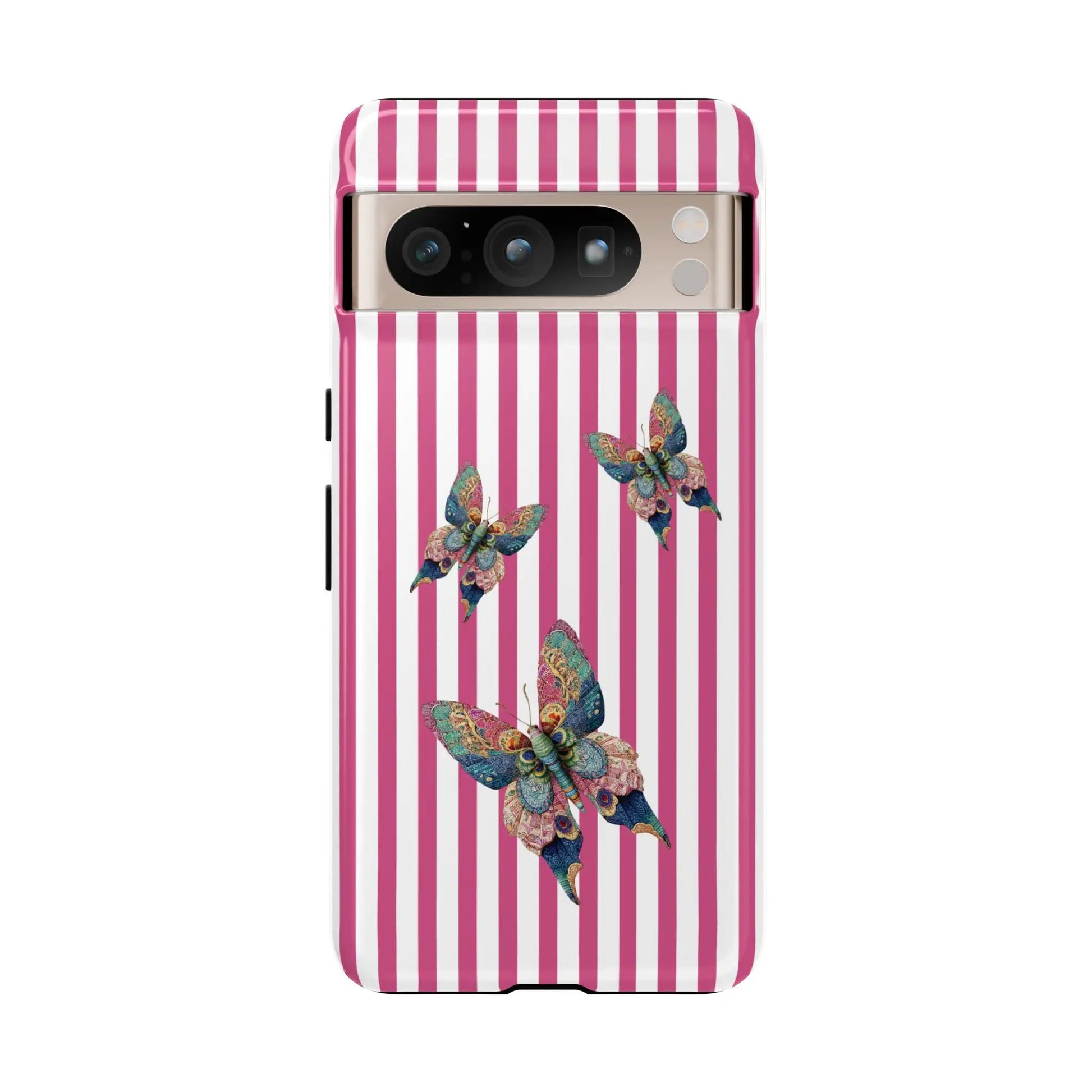Back of vibrant pink and white floral butterfly pink stripe phone case with three detailed multicolored butterflies