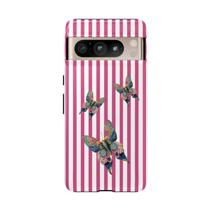 Back of vibrant pink and white floral butterfly pink stripe phone case with three detailed multicolored butterflies