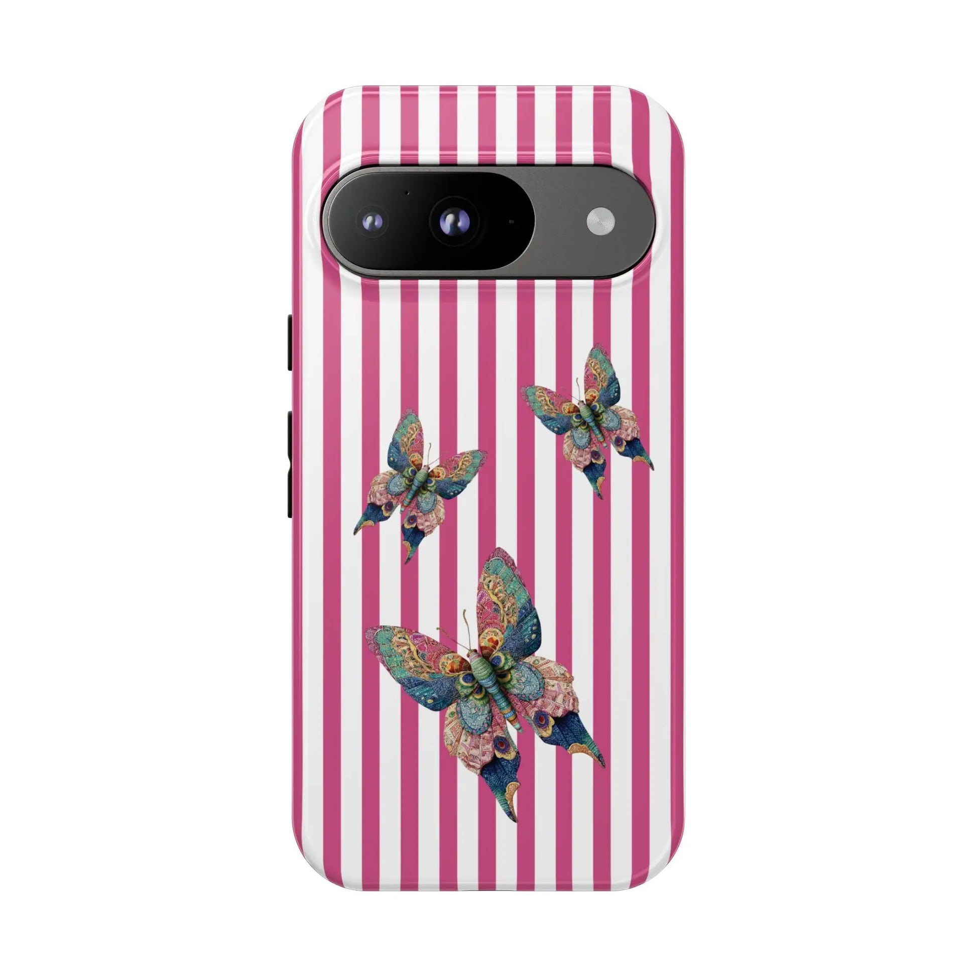 Floral butterfly pink stripe phone case with vertical stripes and three colorful detailed butterflies on the back side