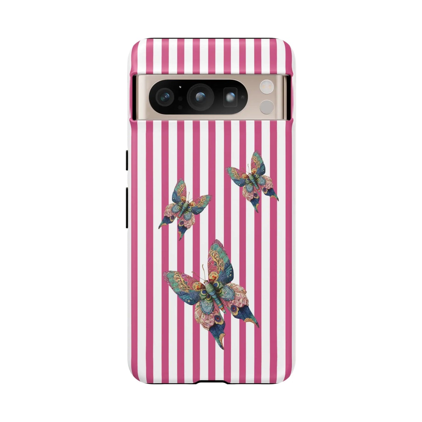 Floral butterfly pink stripe phone case with three colorful iridescent butterflies on a pink and white striped back