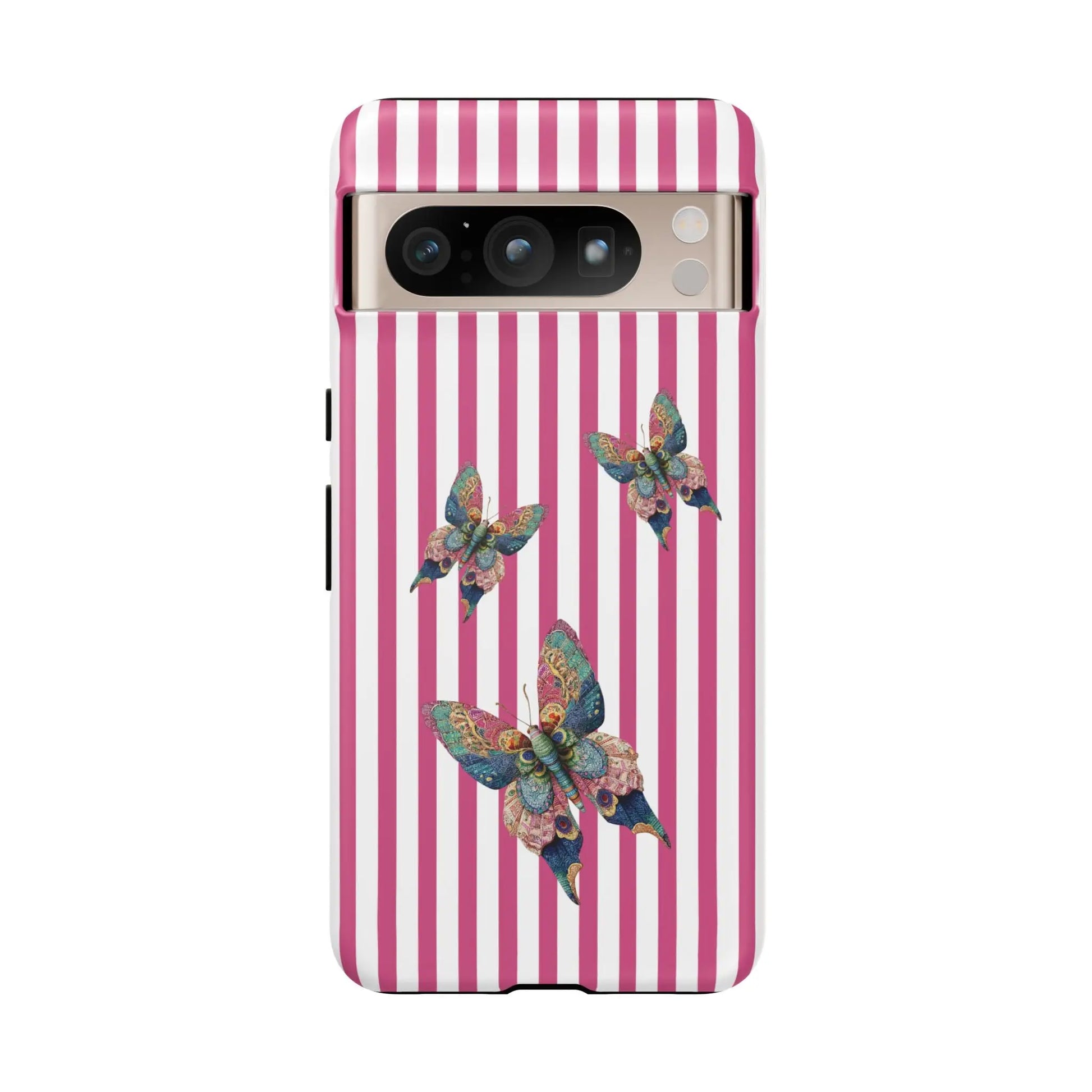 Floral butterfly pink stripe phone case with three colorful iridescent butterflies on a pink and white striped back