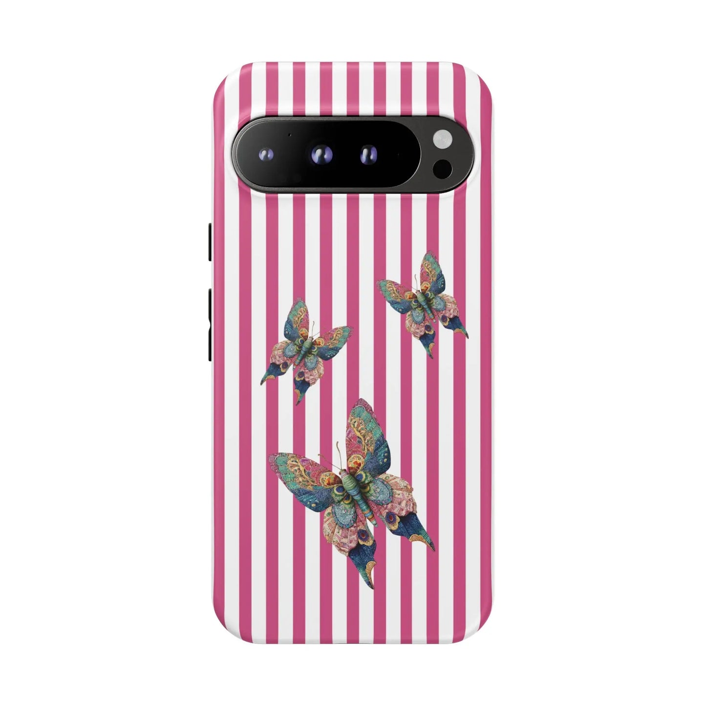 Back of a floral butterfly pink stripe phone case with vertical pink and white stripes and colorful detailed butterflies