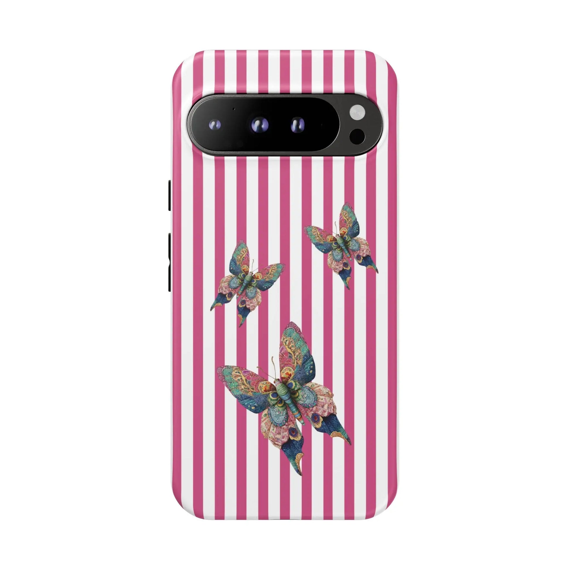 Back of a floral butterfly pink stripe phone case with vertical pink and white stripes and colorful detailed butterflies