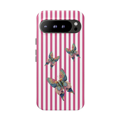 Back of a floral butterfly pink stripe phone case with vertical pink and white stripes and colorful detailed butterflies