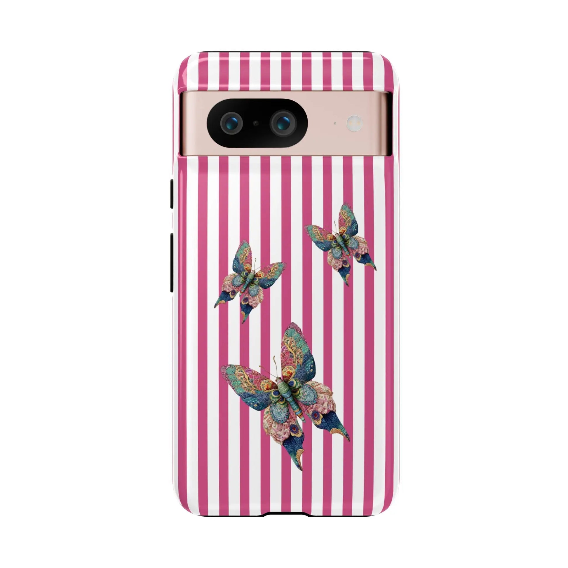 Back of a floral butterfly pink stripe phone case with pink and white stripes and three colorful butterfly designs