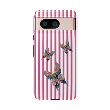Back of a floral butterfly pink stripe phone case with pink and white stripes and three colorful butterfly designs