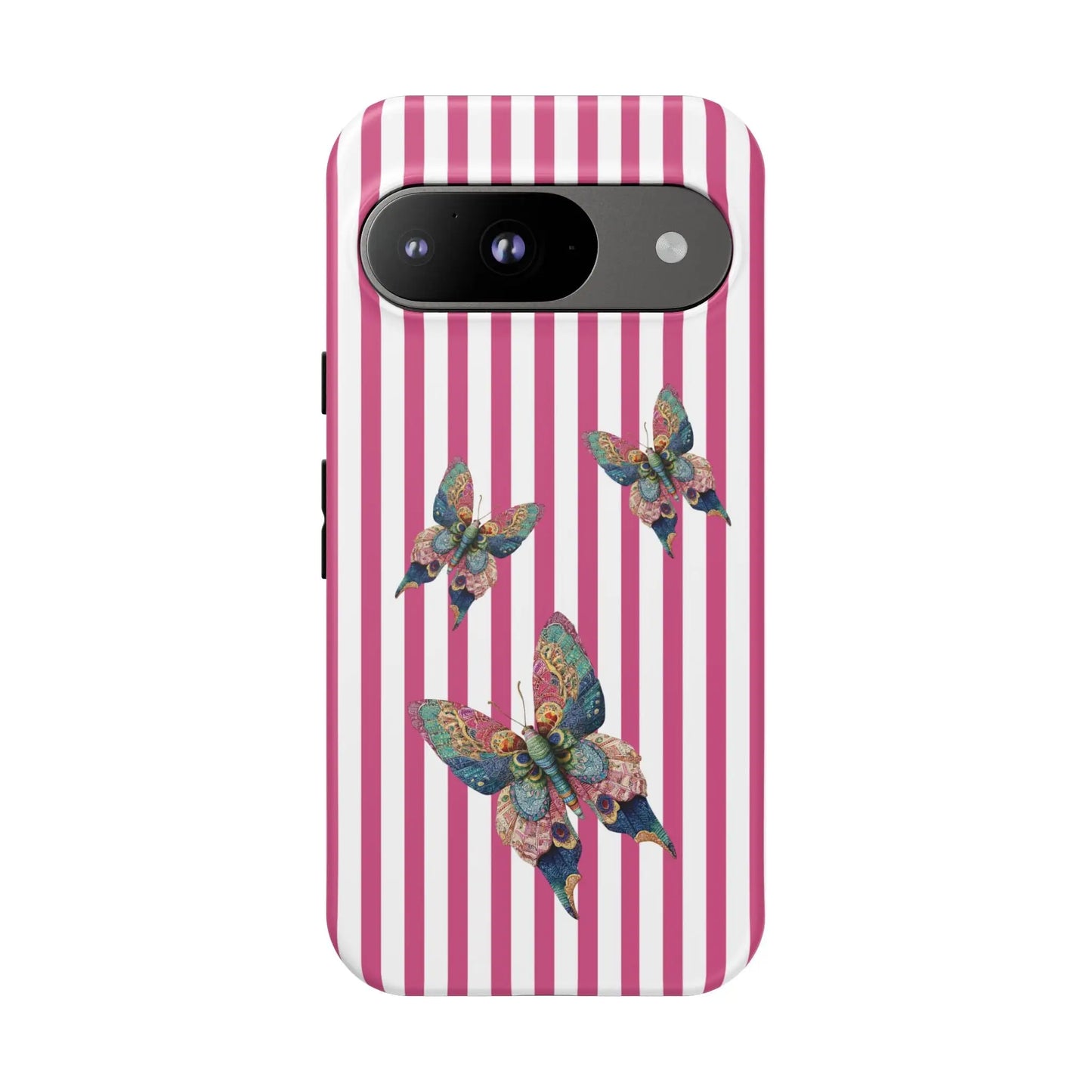 Floral butterfly pink stripe phone case with vibrant pink and white stripes and detailed blue green gold butterflies on back