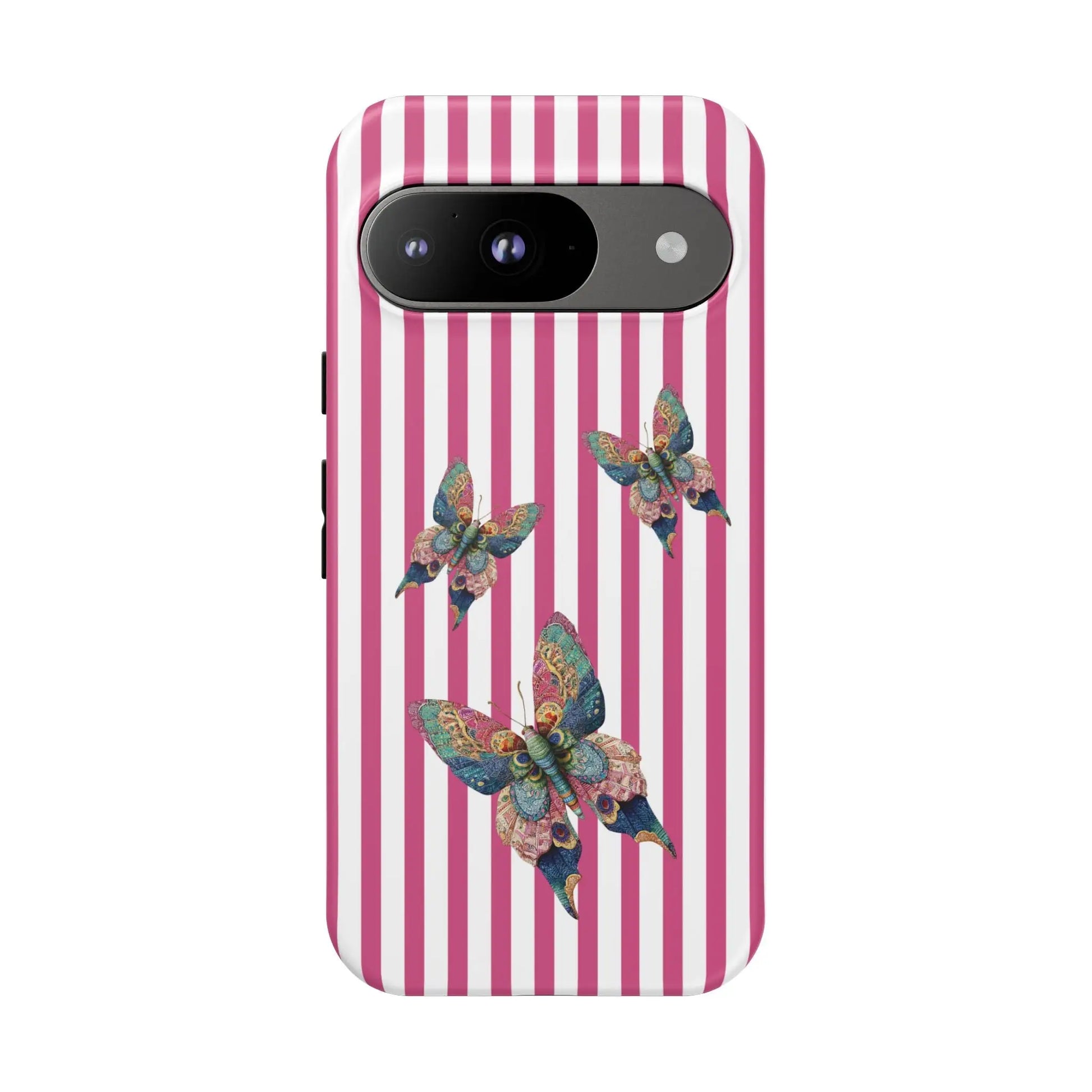 Floral butterfly pink stripe phone case with vibrant pink and white stripes and detailed blue green gold butterflies on back