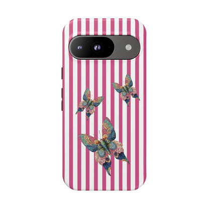 Floral butterfly pink stripe phone case with vibrant pink and white stripes and detailed blue green gold butterflies on back