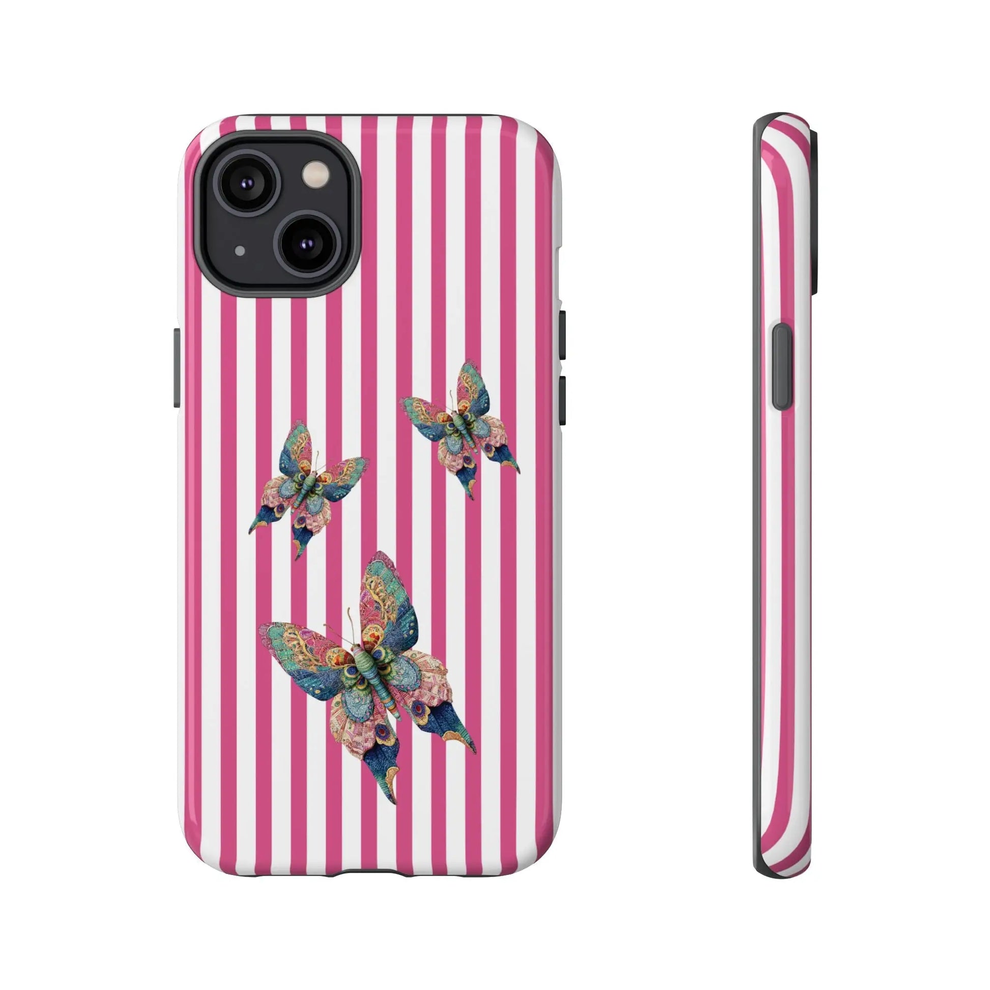 Back view of a floral butterfly pink stripe phone case with vibrant pink and white stripes and detailed teal gold coral butterflies