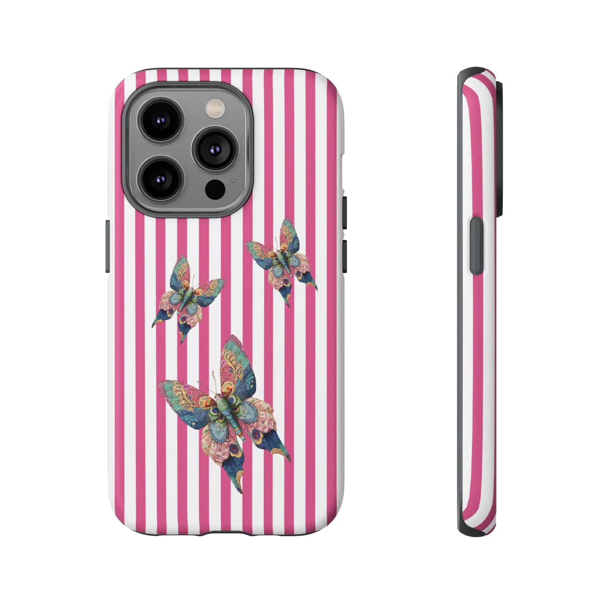 Back side of a vibrant floral butterfly pink stripe phone case with three multicolored butterflies for protection