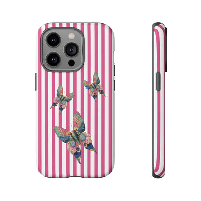 Back side of a vibrant floral butterfly pink stripe phone case with three multicolored butterflies for protection