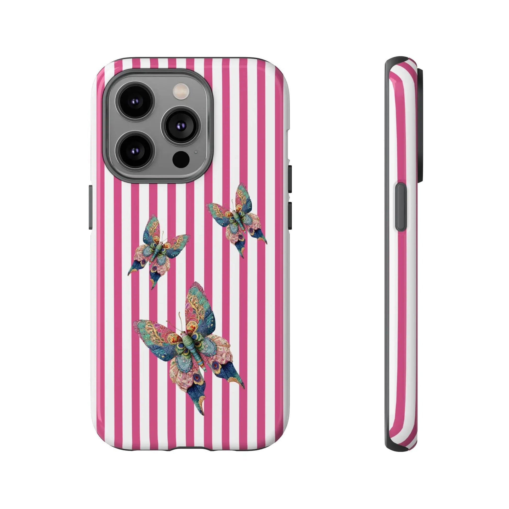 Back of a floral butterfly pink stripe phone case with vibrant pink and white stripes and multicolored butterfly design