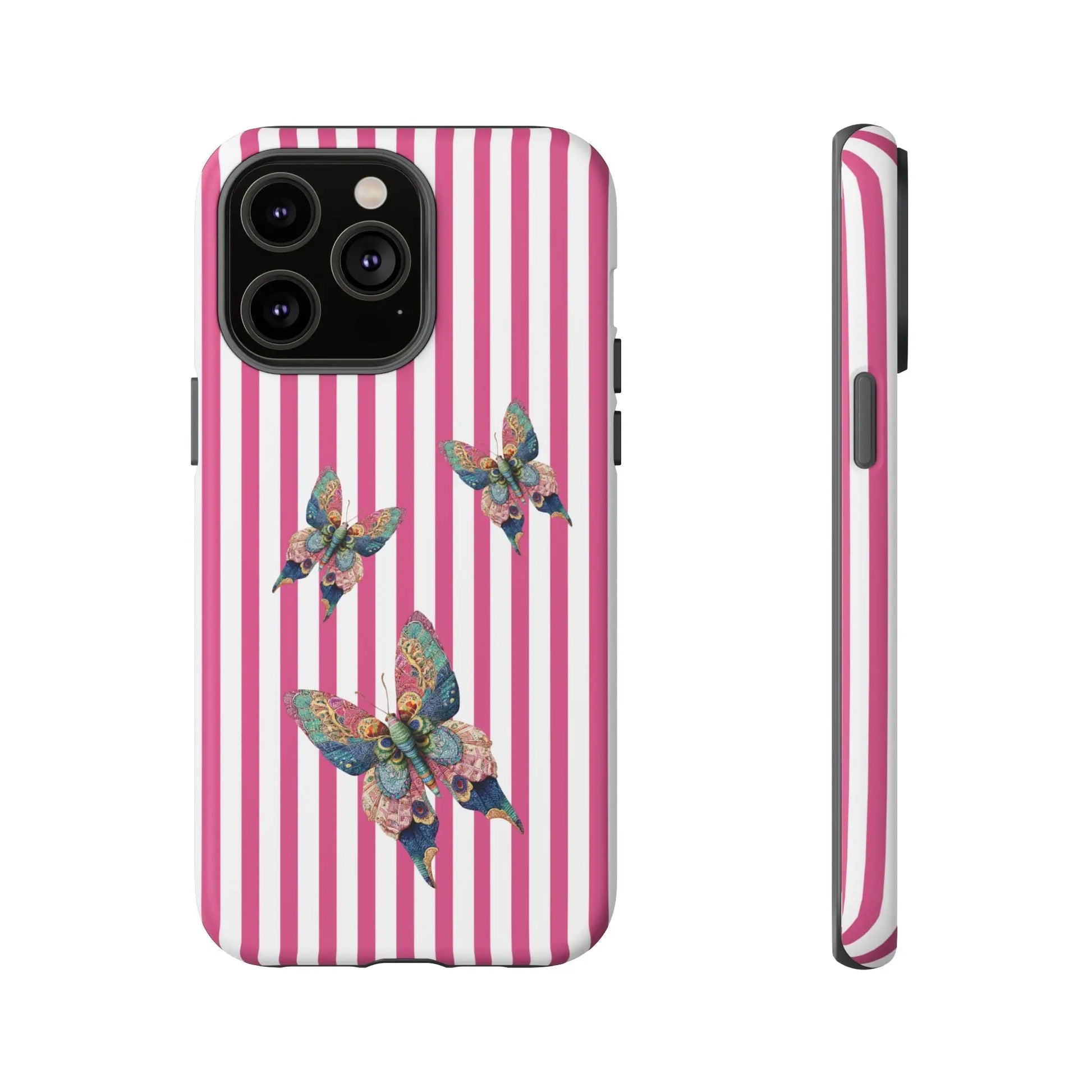 Vibrant floral butterfly pink stripe phone case with multicolored butterflies on the back for cute protection