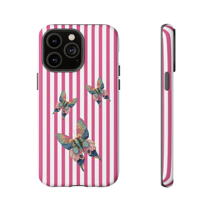 Vibrant floral butterfly pink stripe phone case with multicolored butterflies on the back for cute protection