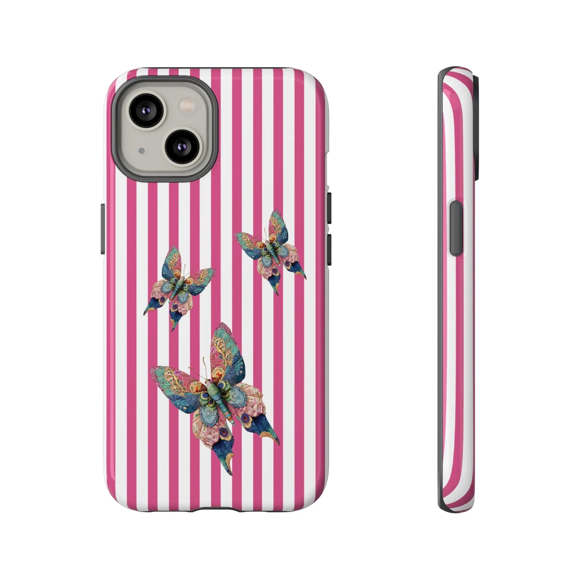 Back side of floral butterfly pink stripe phone case with pink and white stripes and three colorful detailed butterflies