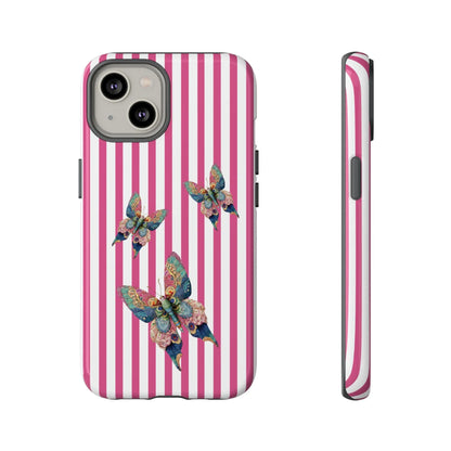 Back side of floral butterfly pink stripe phone case with pink and white stripes and three colorful detailed butterflies