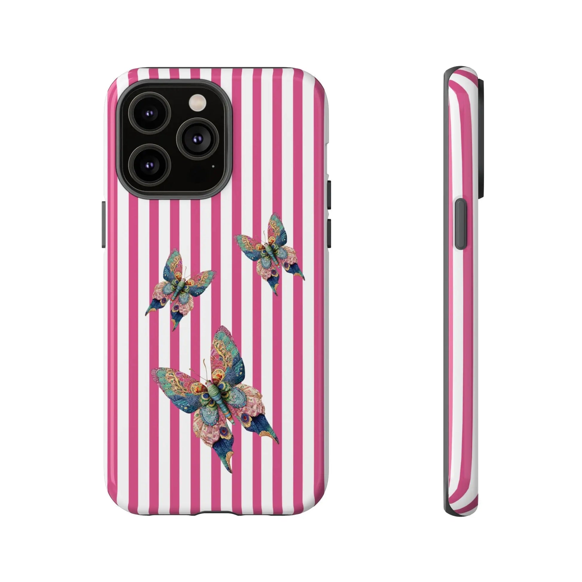 Back side of a floral butterfly pink stripe phone case with vibrant pink white stripes and multicolored butterflies