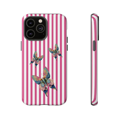 Back side of a floral butterfly pink stripe phone case with vibrant pink white stripes and multicolored butterflies
