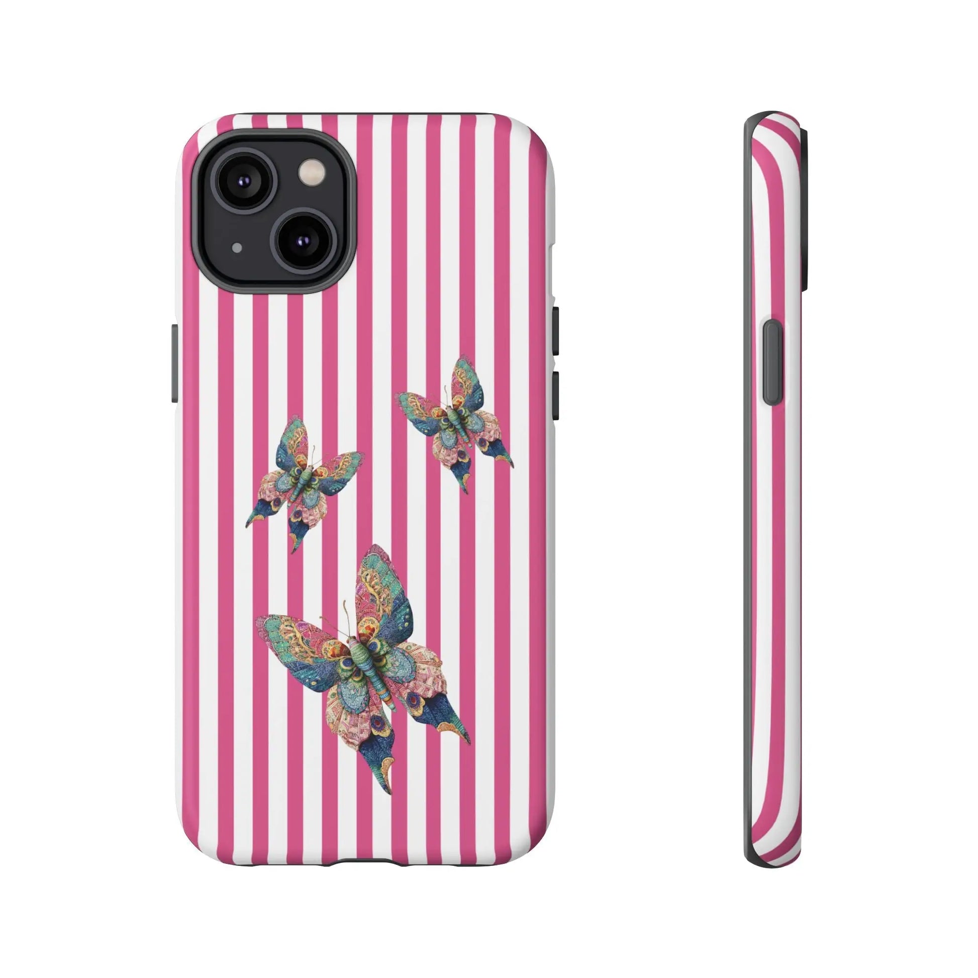 Vibrant pink and white striped phone case with three detailed multicolored butterflies floral butterfly pink design