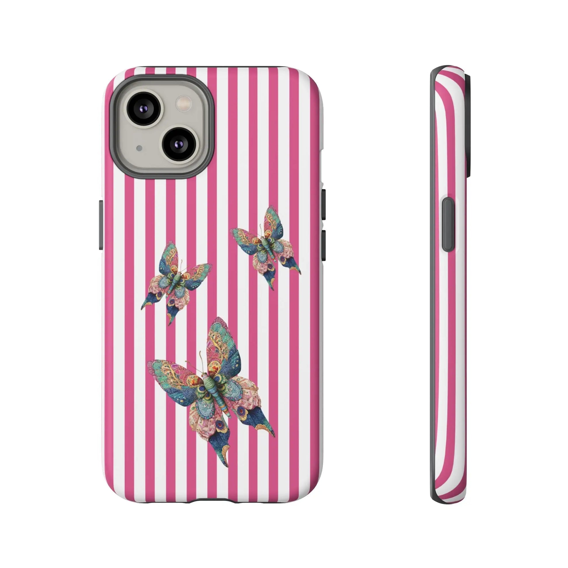 Floral butterfly pink stripe phone case with pink and white stripes featuring three colorful detailed butterflies on back side