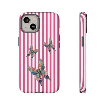 Floral butterfly pink stripe phone case with pink and white stripes featuring three colorful detailed butterflies on back side
