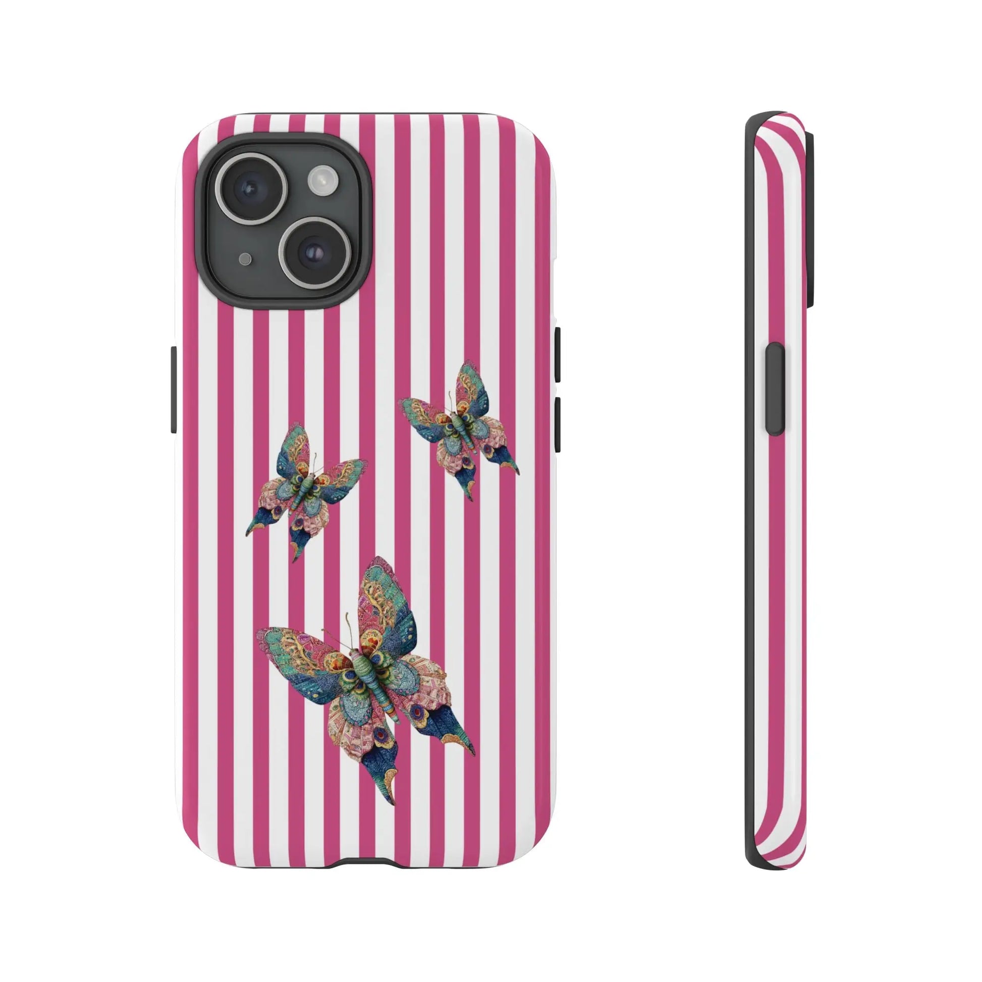 Back side of a floral butterfly pink stripe phone case with vibrant pink and white stripes and multicolored butterfly design