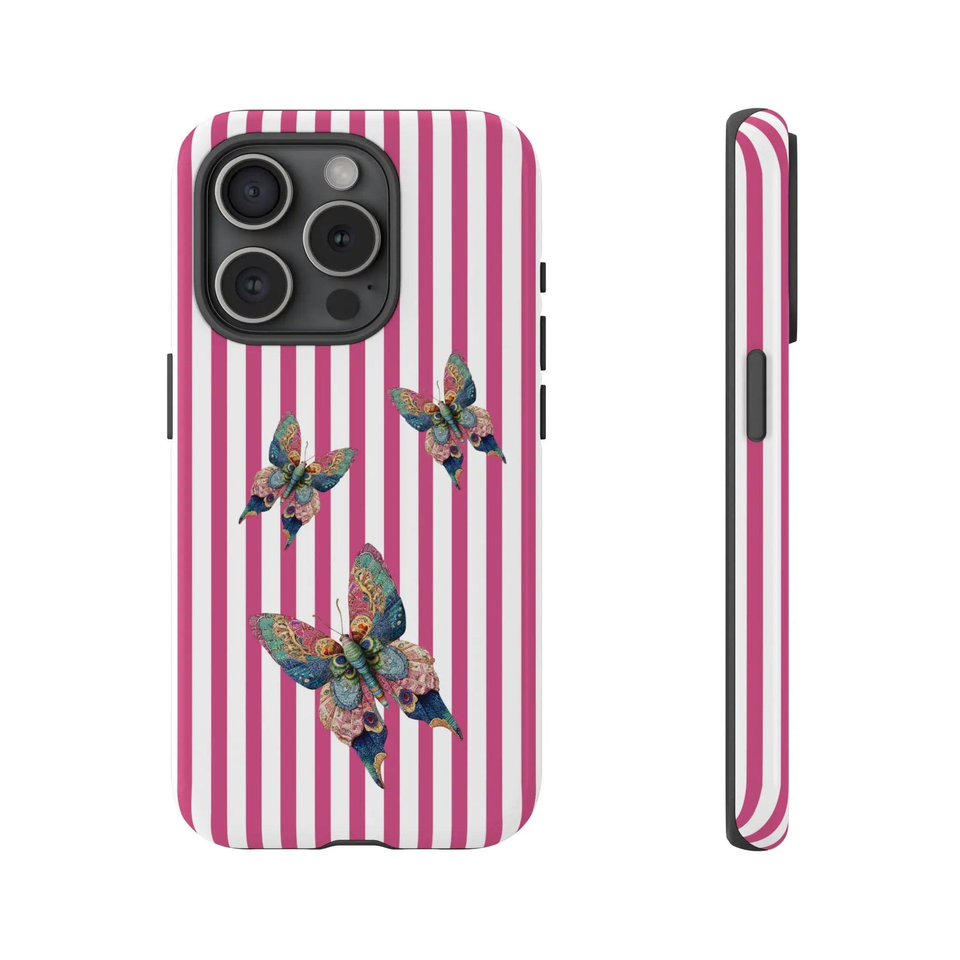 Back side of a vibrant floral butterfly pink stripe phone case with three detailed multicolored butterflies for protection