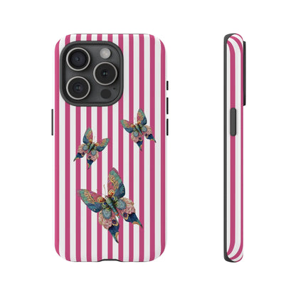 Back side of a vibrant floral butterfly pink stripe phone case with three detailed multicolored butterflies for protection