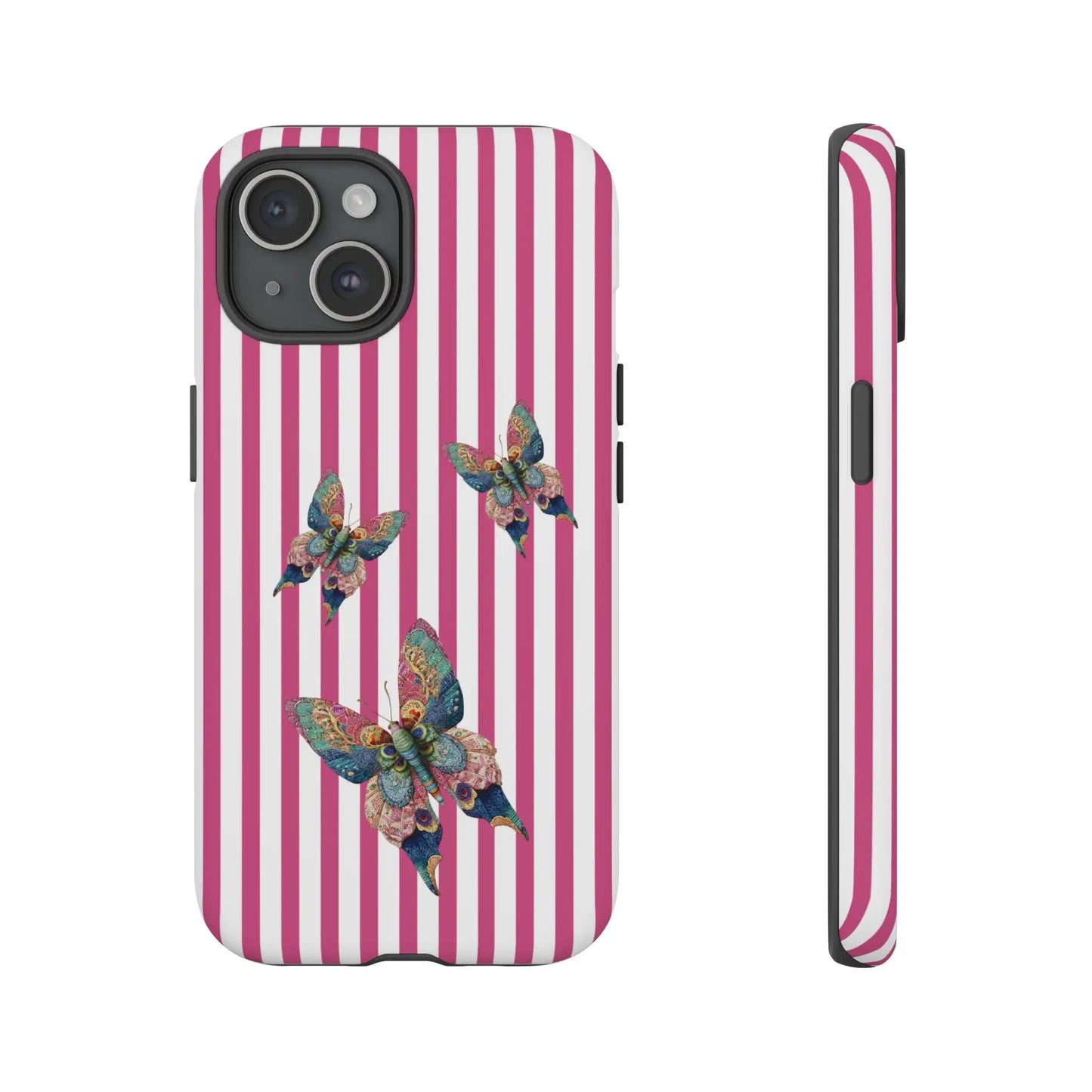 Vibrant floral butterfly pink stripe phone case with three multicolored butterflies on the back side for cute protection