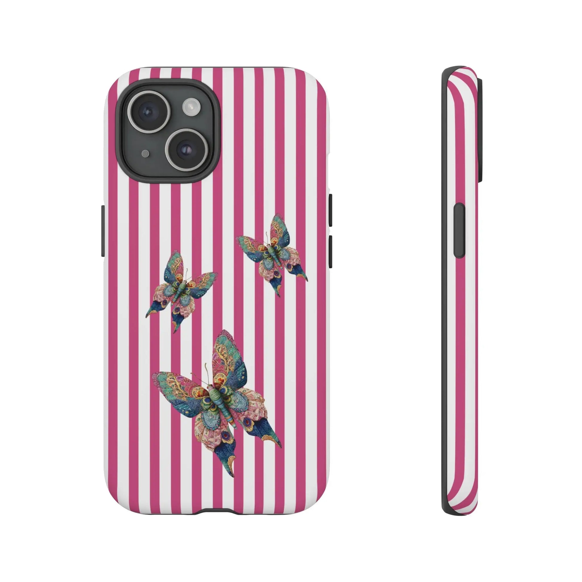 Vibrant floral butterfly pink stripe phone case with three multicolored butterflies on the back side for cute protection