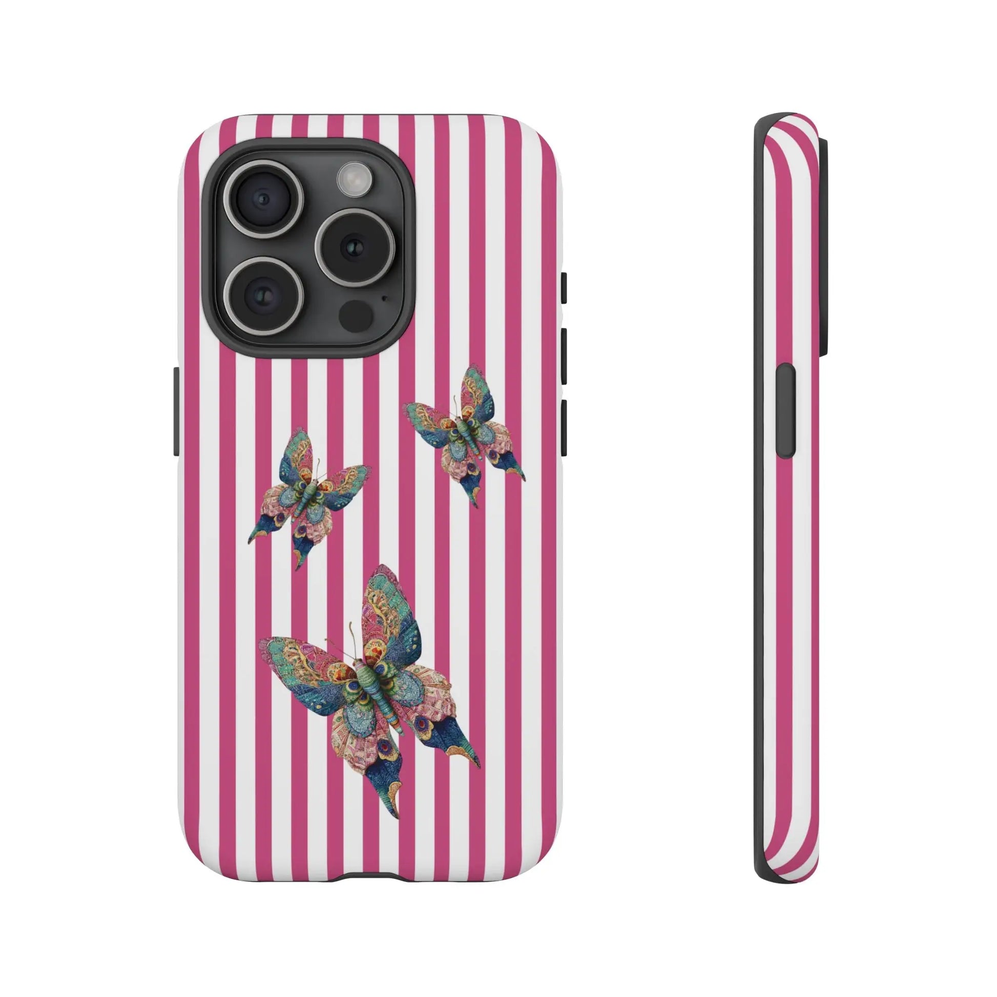 Vibrant floral butterfly pink stripe phone case featuring colorful detailed butterflies on the back side for cute protection