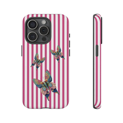 Vibrant floral butterfly pink stripe phone case featuring colorful detailed butterflies on the back side for cute protection