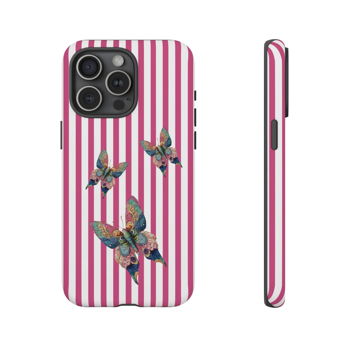 Vibrant floral butterfly pink stripe phone case with three multicolored butterflies on the back for cute protection