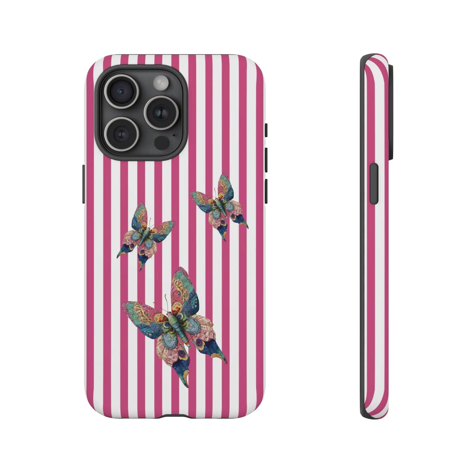 Vibrant floral butterfly pink stripe phone case with three multicolored butterflies on the back for cute protection
