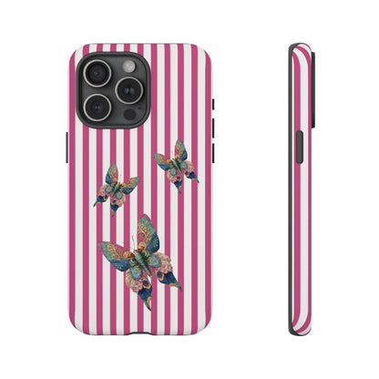 Vibrant floral butterfly pink stripe phone case with three multicolored butterflies on the back for cute protection