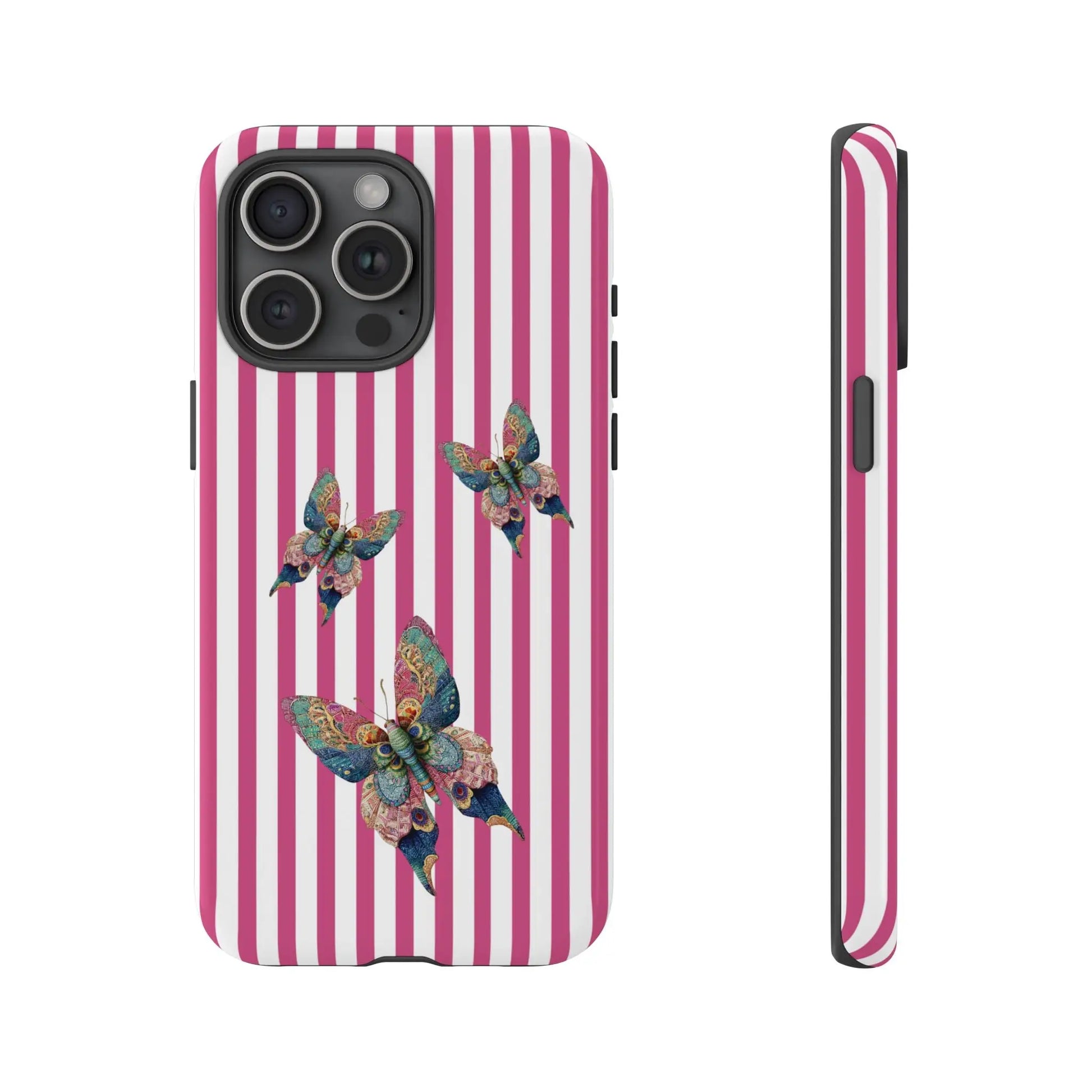 Back side of a floral butterfly pink stripe phone case with vibrant pink and white stripes and multicolored butterfly design