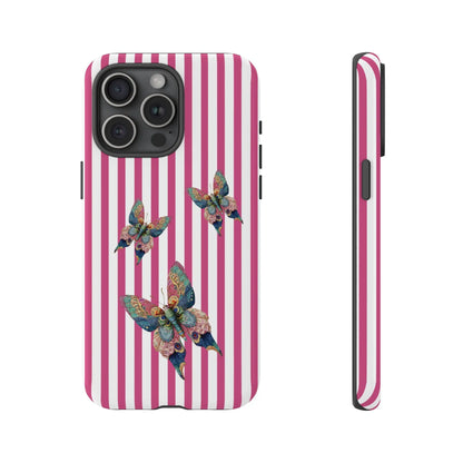 Back side of a floral butterfly pink stripe phone case with vibrant pink and white stripes and multicolored butterfly design