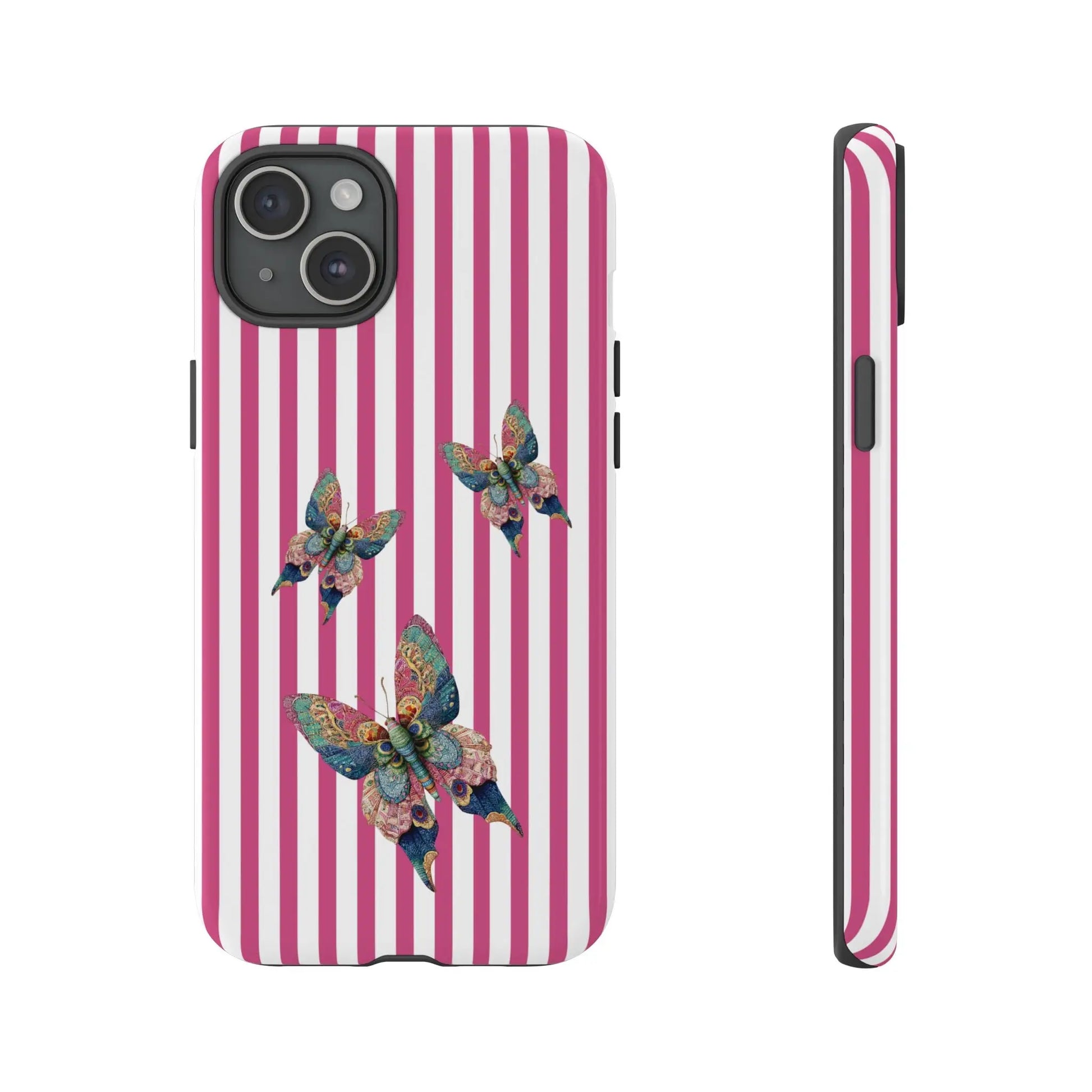 Vibrant floral butterfly pink stripe phone case featuring three detailed multicolored butterflies on back side