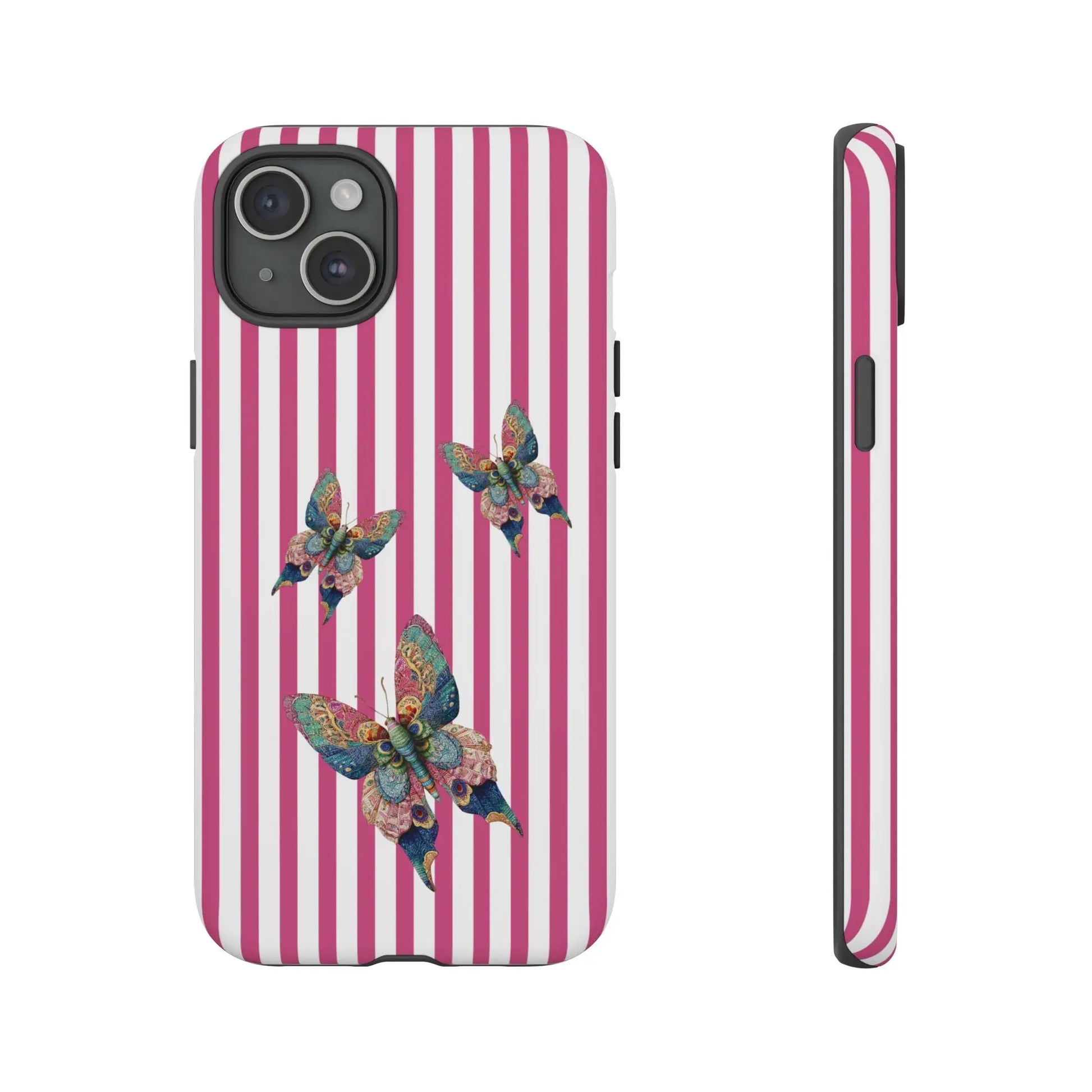 Back of a floral butterfly pink stripe phone case with vibrant pink and white stripes and three multicolored butterflies