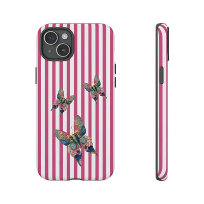 Back of a floral butterfly pink stripe phone case with vibrant pink and white stripes and three multicolored butterflies