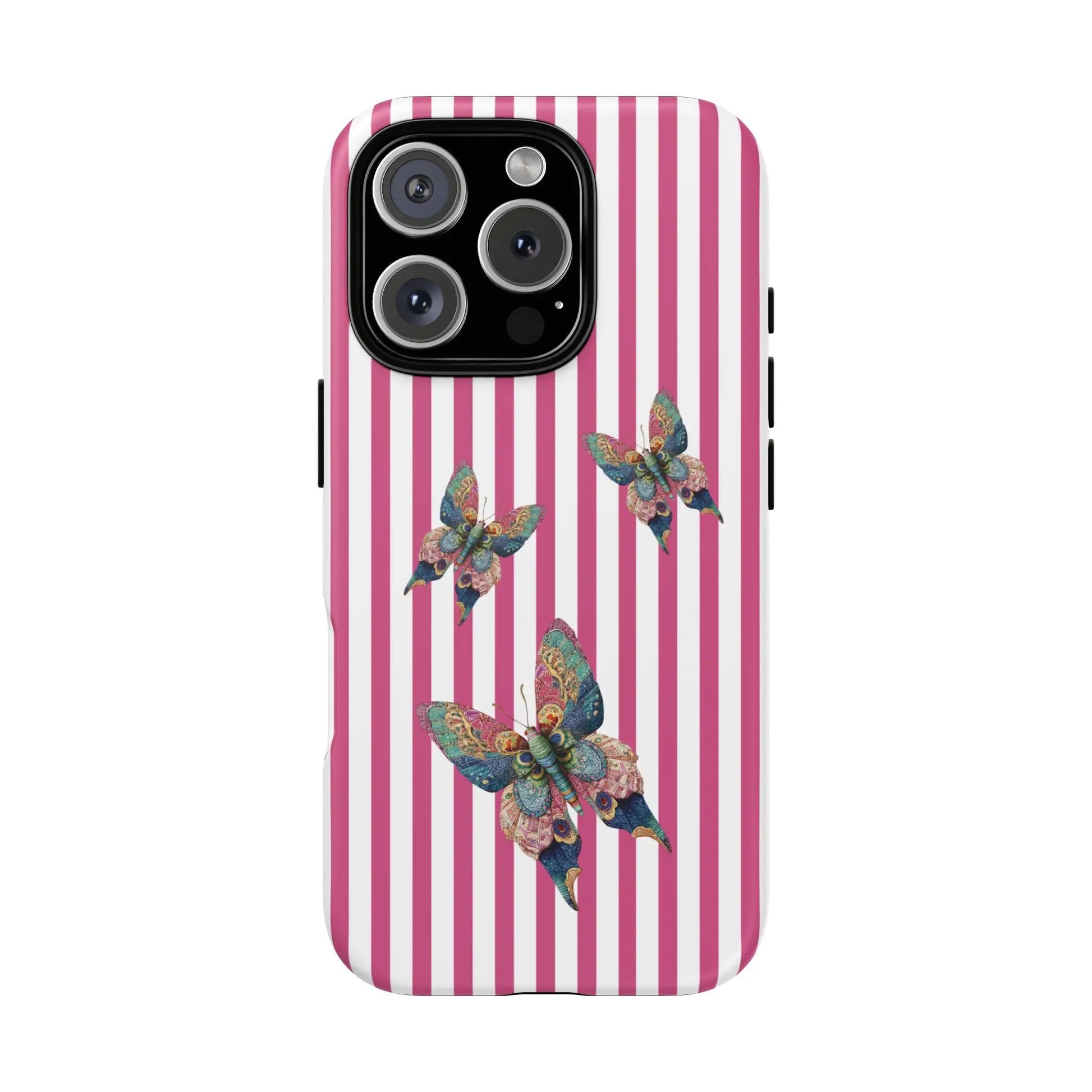 Floral butterfly pink stripe phone case with vibrant pink and white stripes and multicolored butterfly design on back side