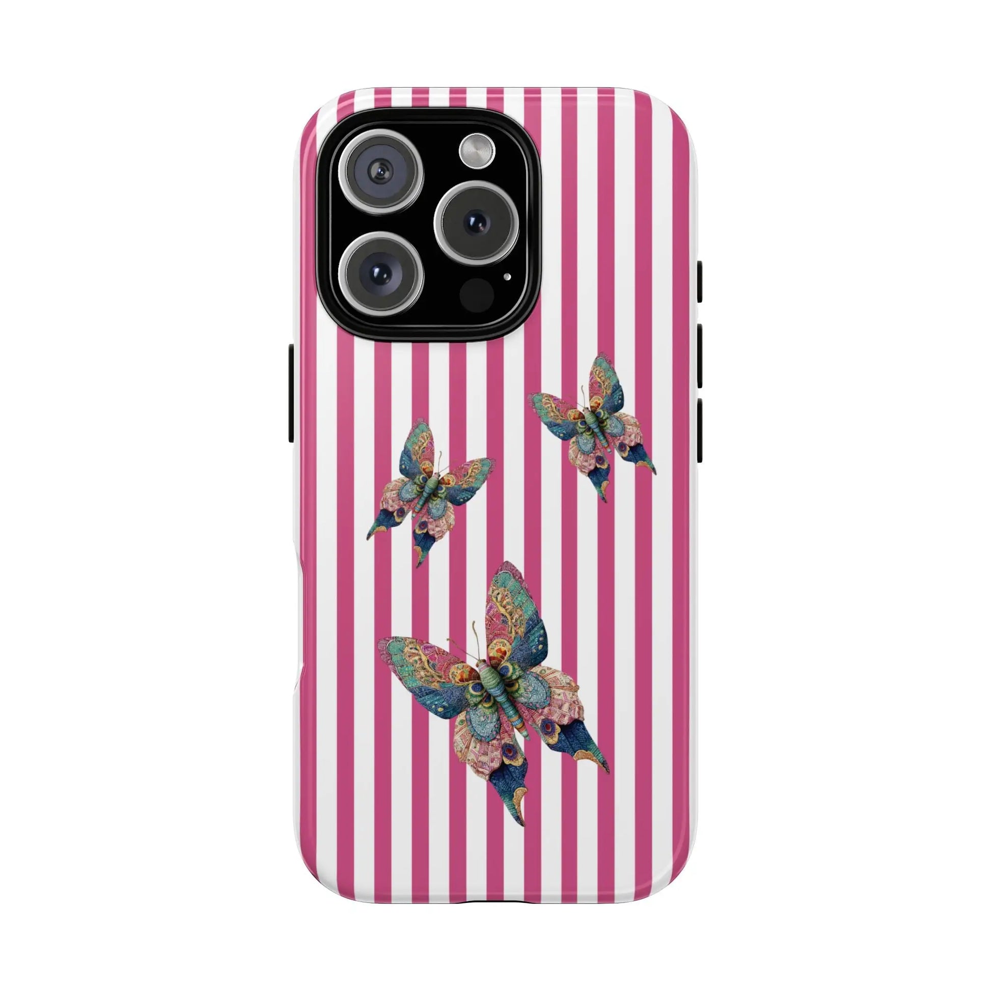 Vibrant pink and white floral butterfly pink stripe phone case with three multicolored butterflies on the back side